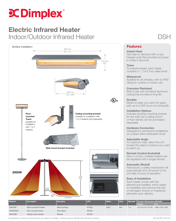 Dimplex DSH20W Indoor/Outdoor Electric Infrared Heater